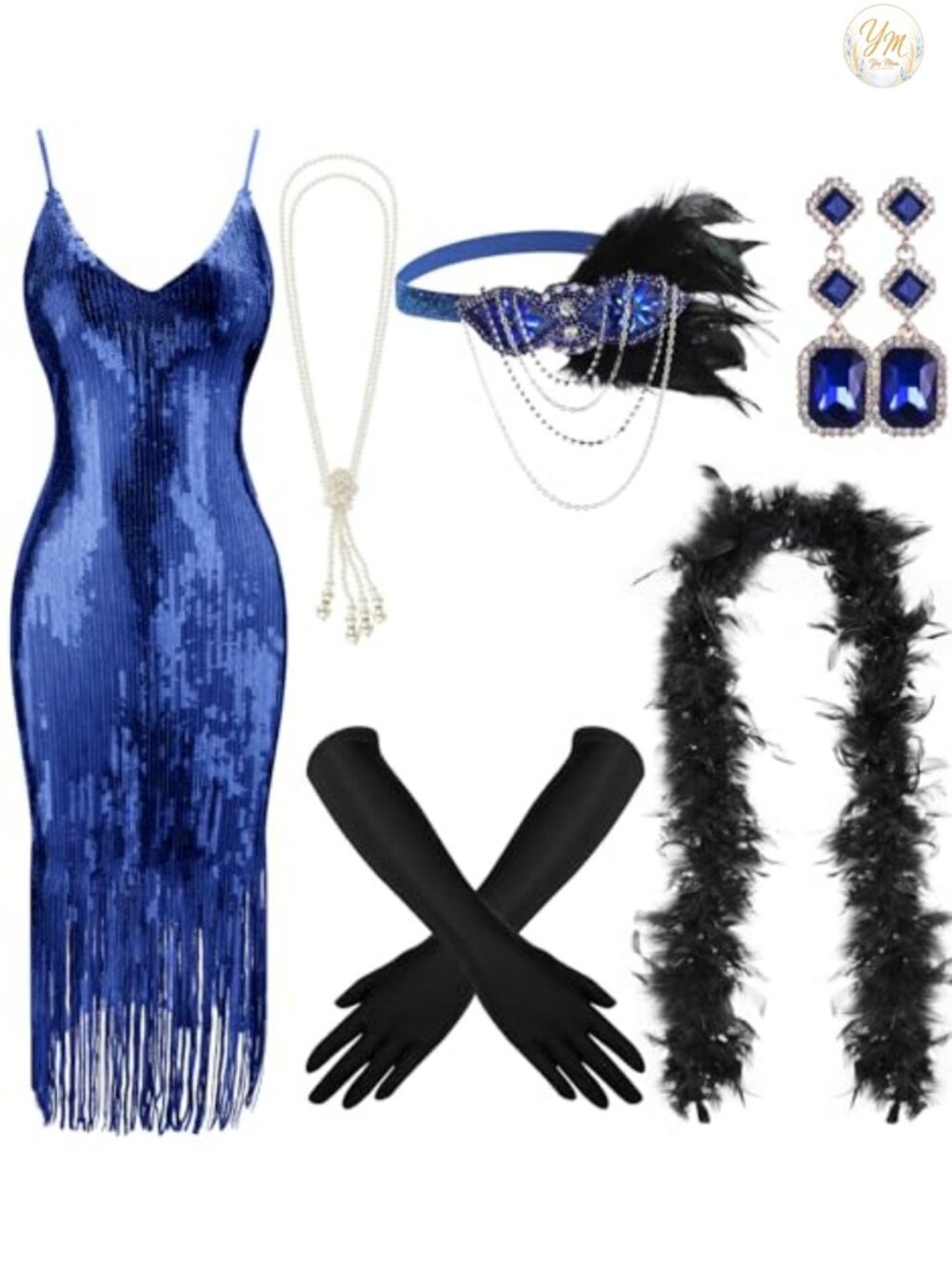 1920s Flapper Sequin Dress Costume Set Headwear Earrings Necklace Gloves Boa
